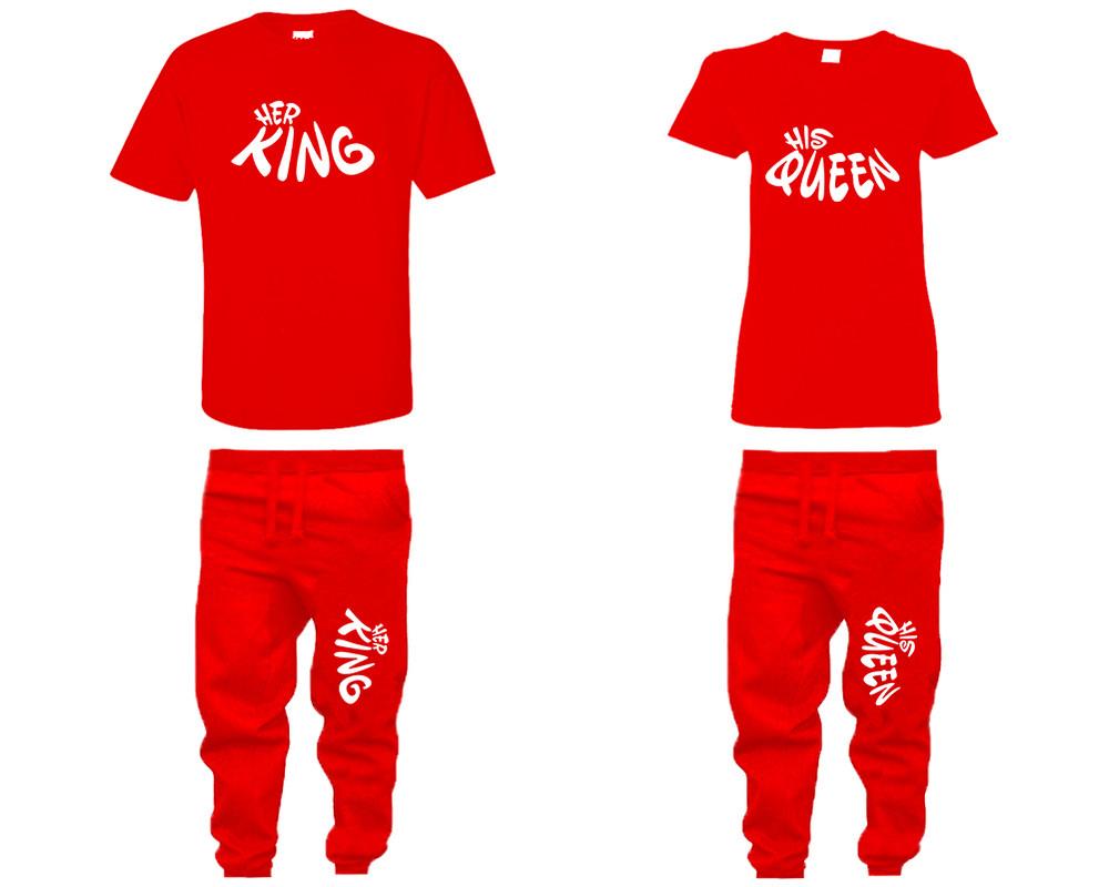 Her King and His Queen shirts and jogger pants, matching top and bottom set, Red t shirts, men joggers, shirt and jogger pants women. Matching couple joggers