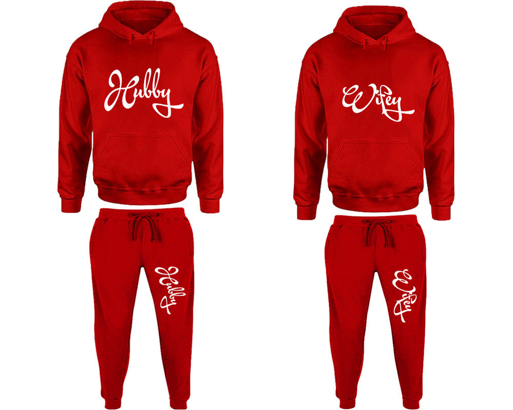 Hubby and Wifey matching top and bottom set, Red pullover hoodie and sweatpants sets for mens, pullover hoodie and jogger set womens. Matching couple joggers.