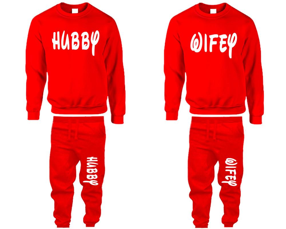 Hubby and Wifey top and bottom sets. Red sweatshirt and sweatpants set for men, sweater and jogger pants for women.