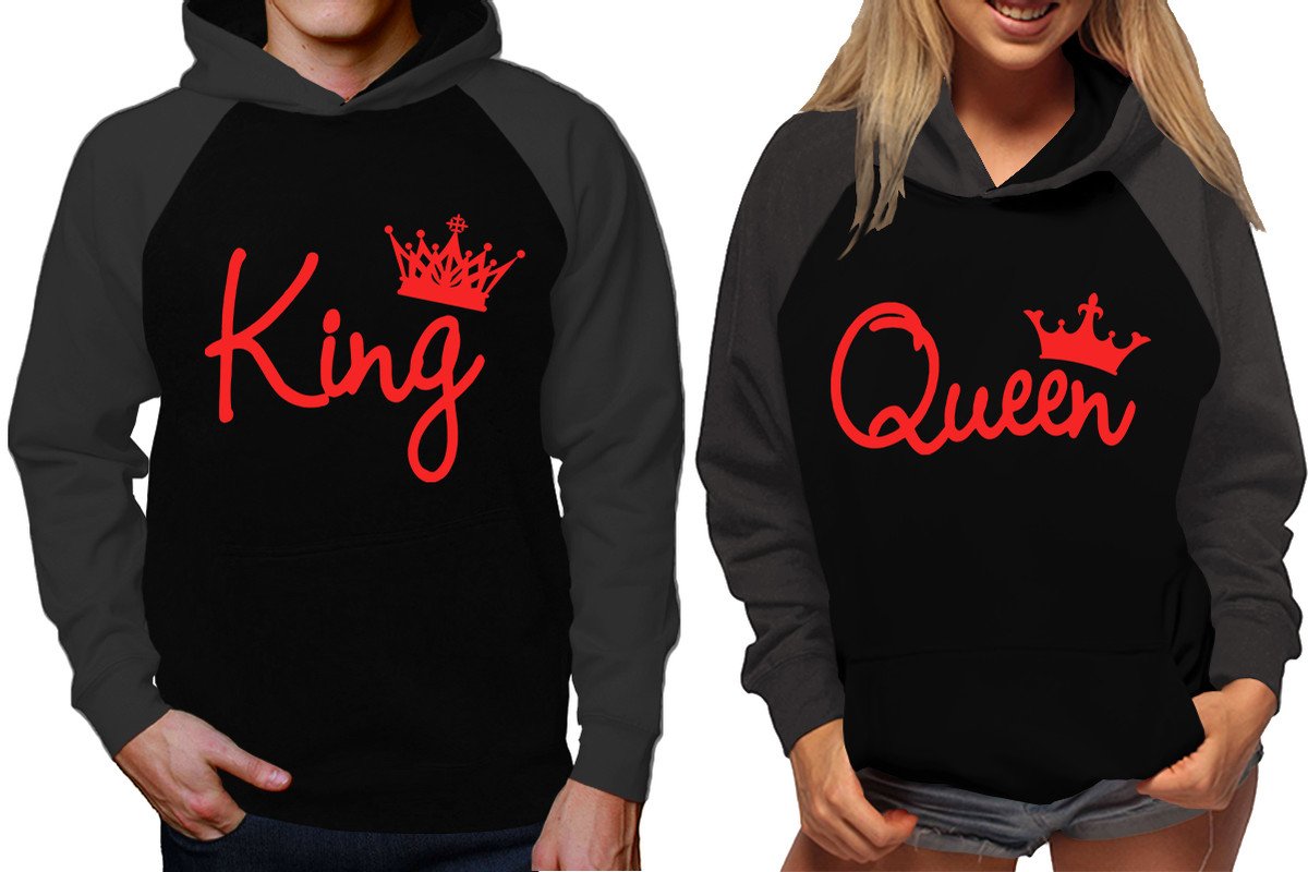 King and Queen raglan hoodies, Matching couple hoodies, Red King Queen design on man and woman hoodies