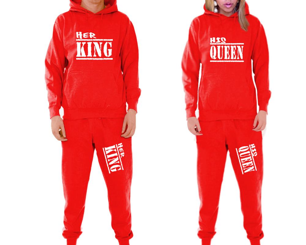 Her King and His Queen matching top and bottom set, Red pullover hoodie and sweatpants sets for mens, pullover hoodie and jogger set womens. Matching couple joggers.