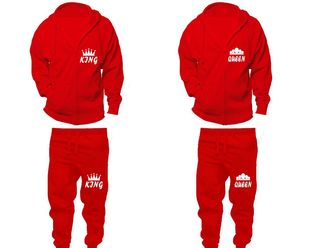 King and Queen zipper hoodies, Matching couple hoodies, Red zip up hoodie for man, Red zip up hoodie womens, Red jogger pants for man and woman.