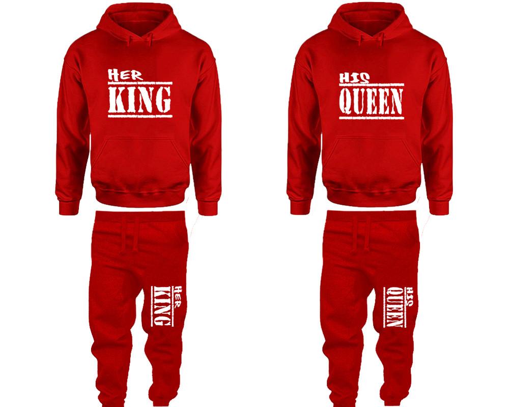 Her King and His Queen matching top and bottom set, Red pullover hoodie and sweatpants sets for mens, pullover hoodie and jogger set womens. Matching couple joggers.