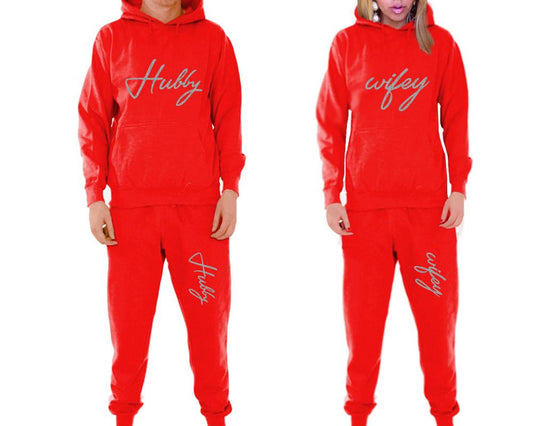 Hubby and Wifey matching top and bottom set, Red pullover hoodie and sweatpants sets for mens, pullover hoodie and jogger set womens. Matching couple joggers.