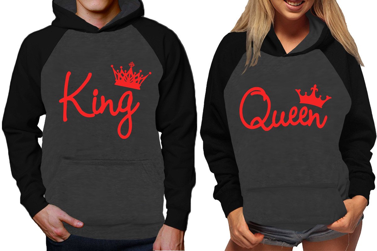 King and Queen raglan hoodies, Matching couple hoodies, Red King Queen design on man and woman hoodies