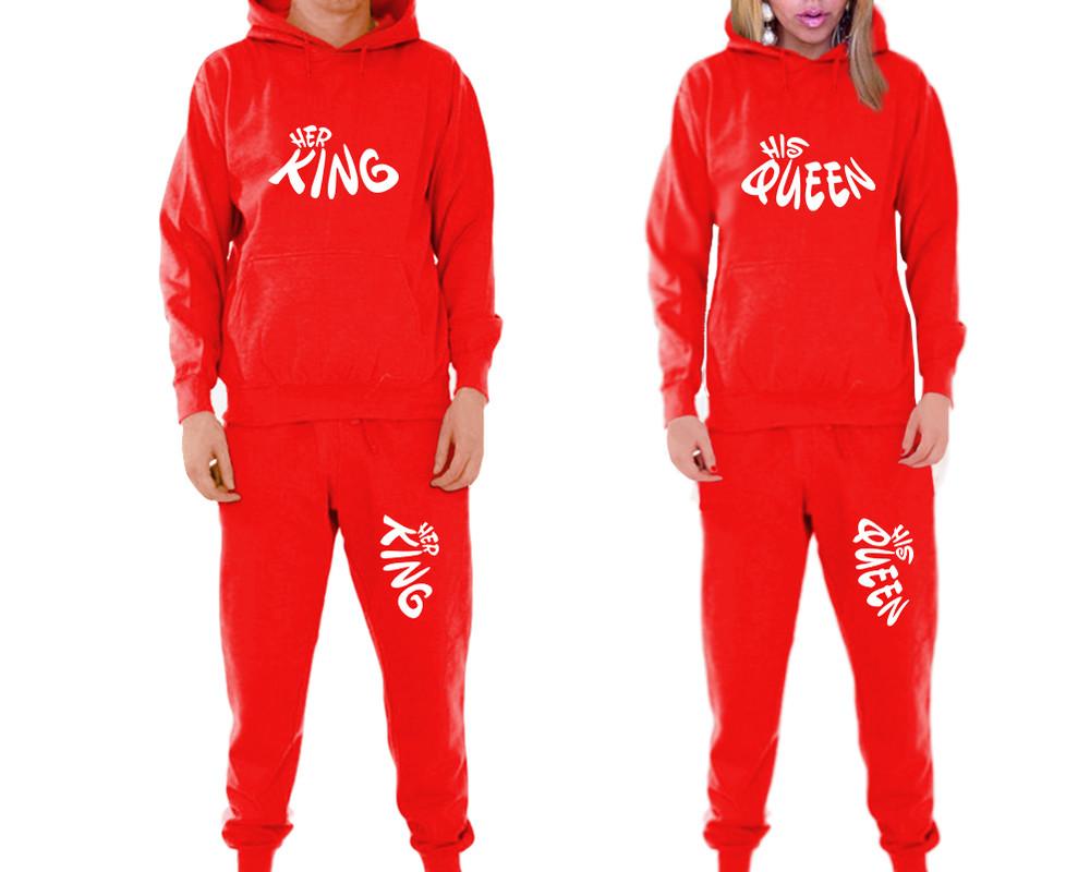 Her King and His Queen matching top and bottom set, Red pullover hoodie and sweatpants sets for mens, pullover hoodie and jogger set womens. Matching couple joggers.