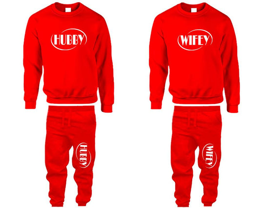 Hubby and Wifey top and bottom sets. Red sweatshirt and sweatpants set for men, sweater and jogger pants for women.