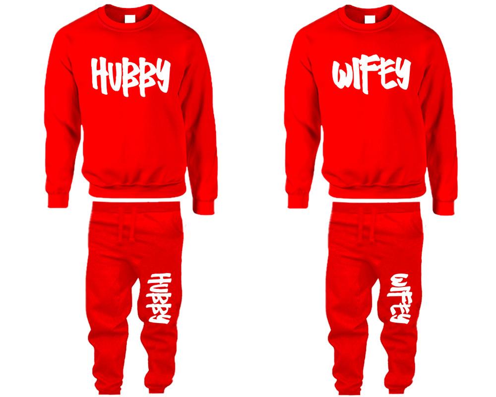 Hubby and Wifey top and bottom sets. Red sweatshirt and sweatpants set for men, sweater and jogger pants for women.