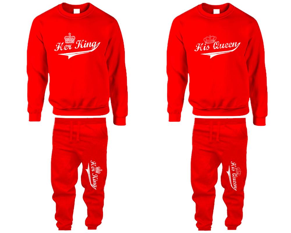 Her King His Queen top and bottom sets. Red sweatshirt and sweatpants set for men, sweater and jogger pants for women.