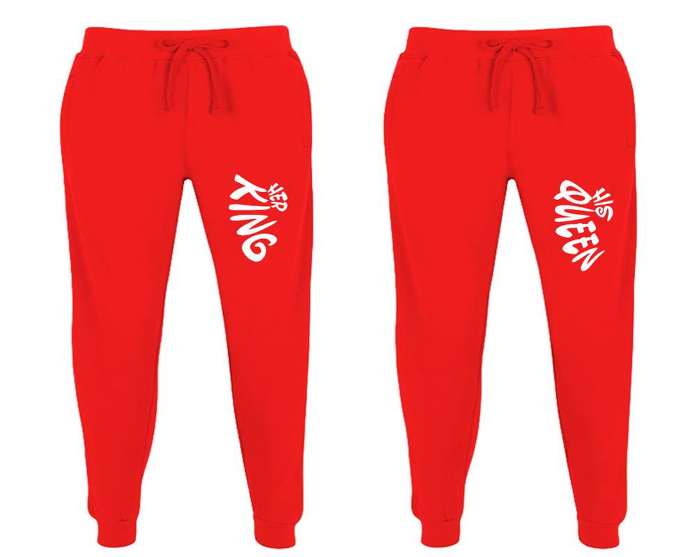 Her King and His Queen matching jogger pants, Red sweatpants for mens, jogger set womens. Matching couple joggers.