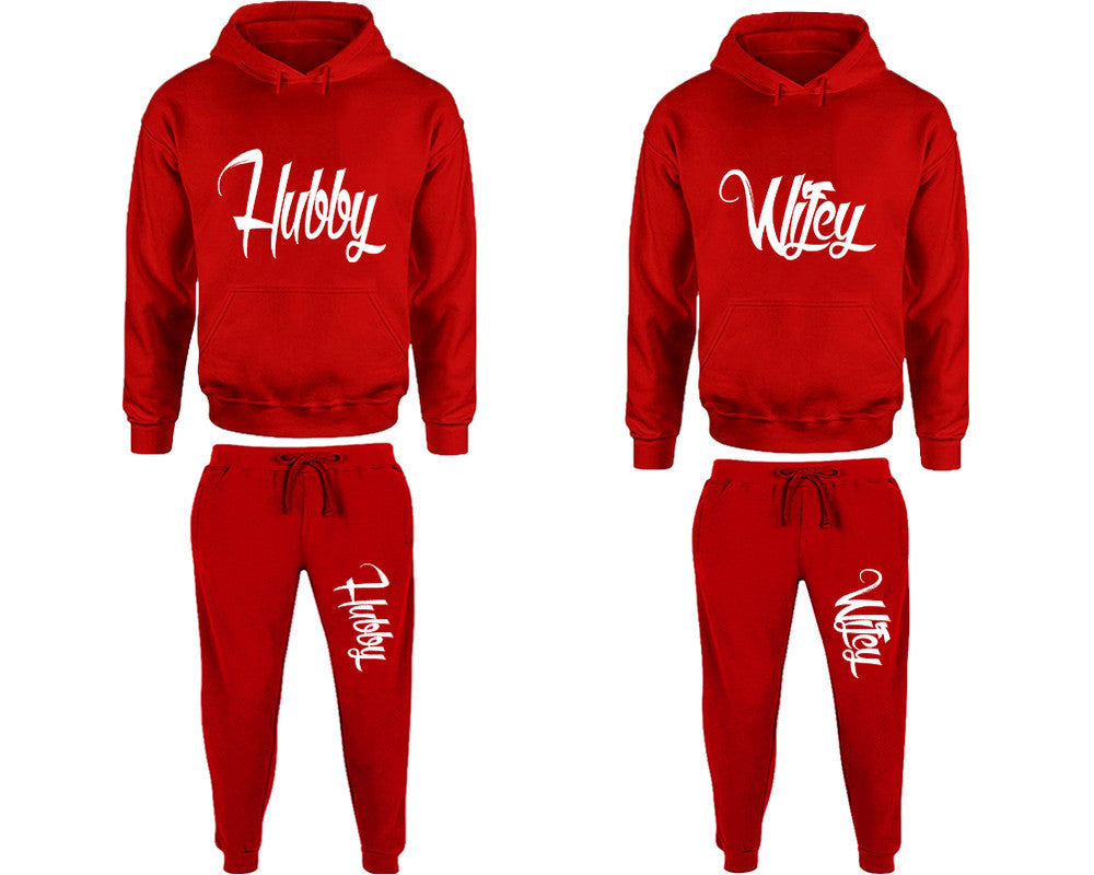 Hubby and Wifey matching top and bottom set, Red pullover hoodie and sweatpants sets for mens, pullover hoodie and jogger set womens. Matching couple joggers.