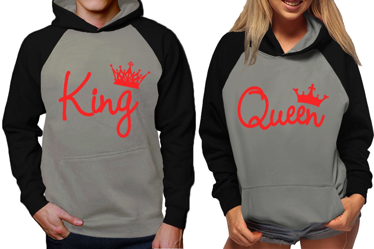 King and Queen raglan hoodies, Matching couple hoodies, Red King Queen design on man and woman hoodies