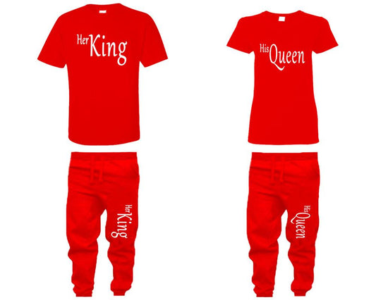 Her King and His Queen shirts and jogger pants, matching top and bottom set, Red t shirts, men joggers, shirt and jogger pants women. Matching couple joggers