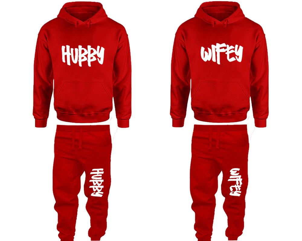 Hubby and Wifey matching top and bottom set, Red pullover hoodie and sweatpants sets for mens, pullover hoodie and jogger set womens. Matching couple joggers.