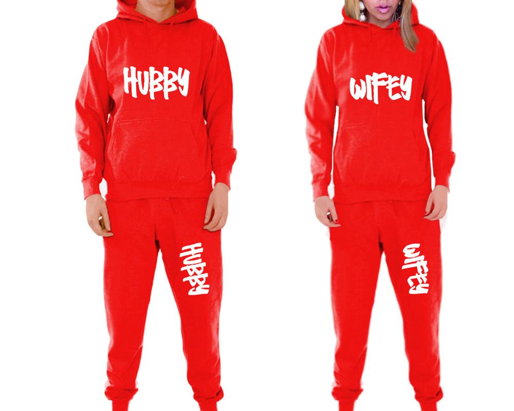 Hubby and Wifey matching top and bottom set, Red pullover hoodie and sweatpants sets for mens, pullover hoodie and jogger set womens. Matching couple joggers.