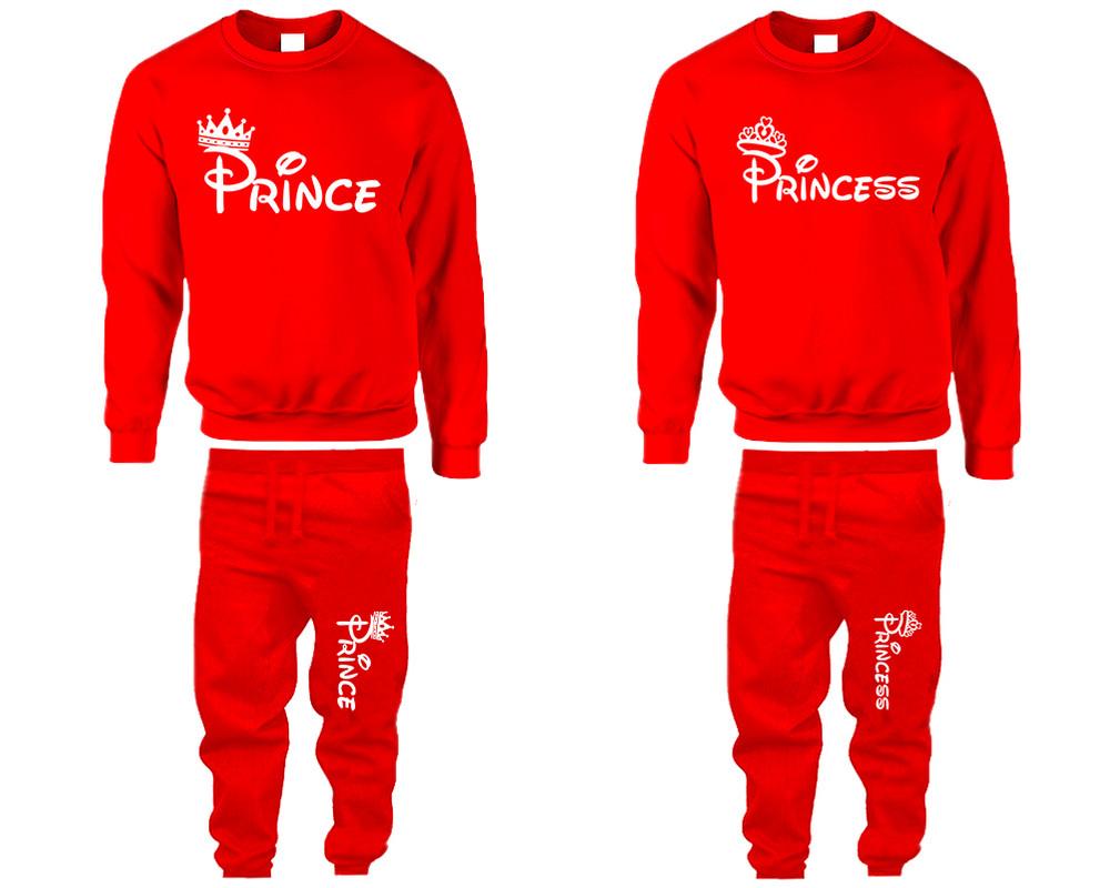 Prince Princess top and bottom sets. Red sweatshirt and sweatpants set for men, sweater and jogger pants for women.