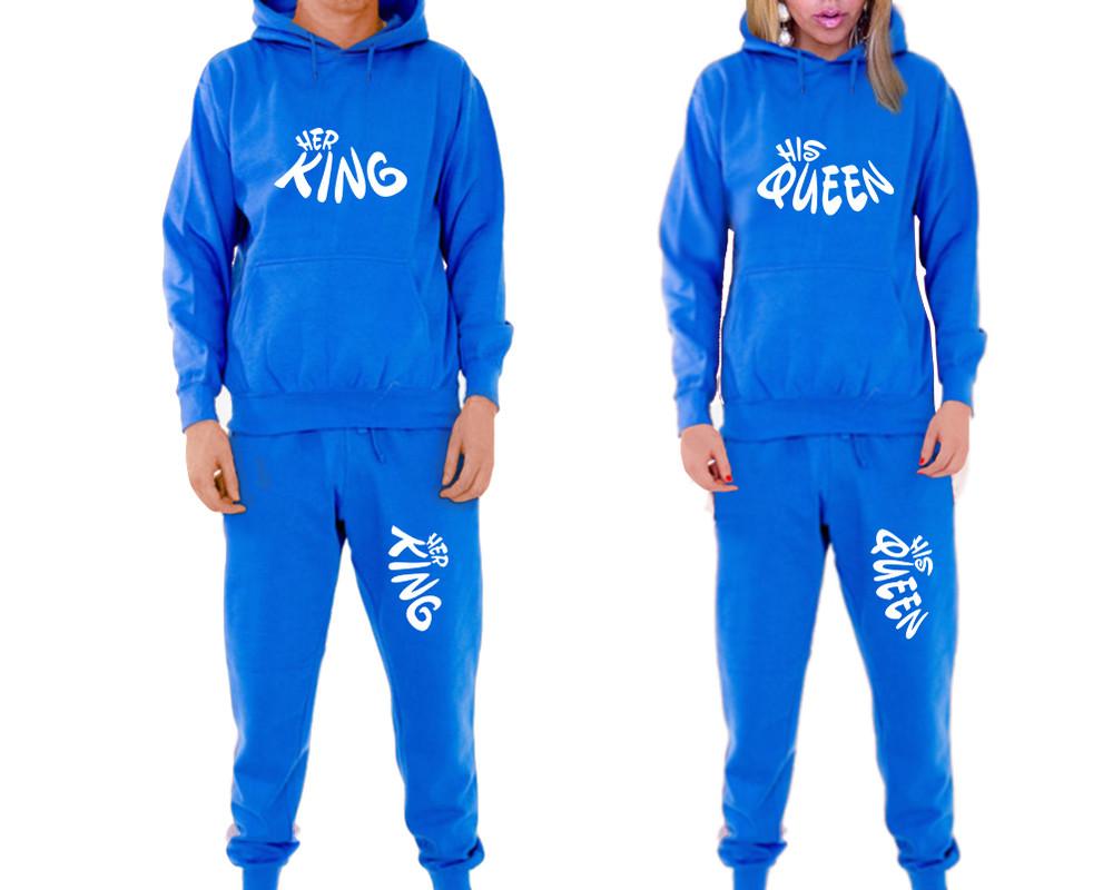 Her King and His Queen matching top and bottom set, Royal Blue pullover hoodie and sweatpants sets for mens, pullover hoodie and jogger set womens. Matching couple joggers.