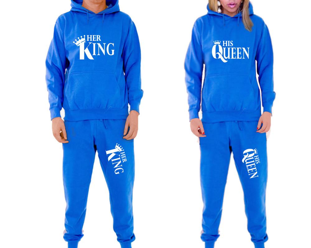 Her King and His Queen matching top and bottom set, Royal Blue pullover hoodie and sweatpants sets for mens, pullover hoodie and jogger set womens. Matching couple joggers.