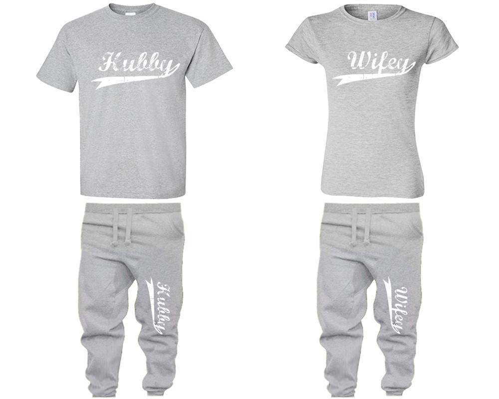 Hubby Wifey shirts, matching top and bottom set, Sports Grey t shirts, men joggers, shirt and jogger pants women. Matching couple joggers