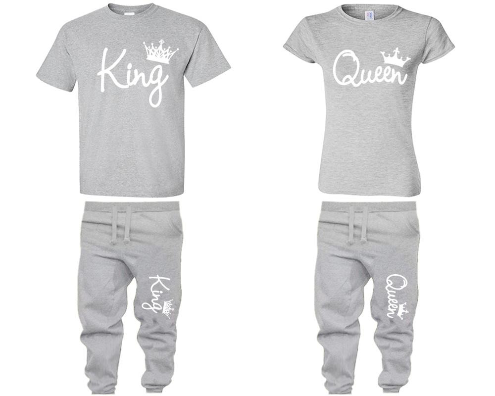 King Queen shirts, matching top and bottom set, Sports Grey t shirts, men joggers, shirt and jogger pants women. Matching couple joggers