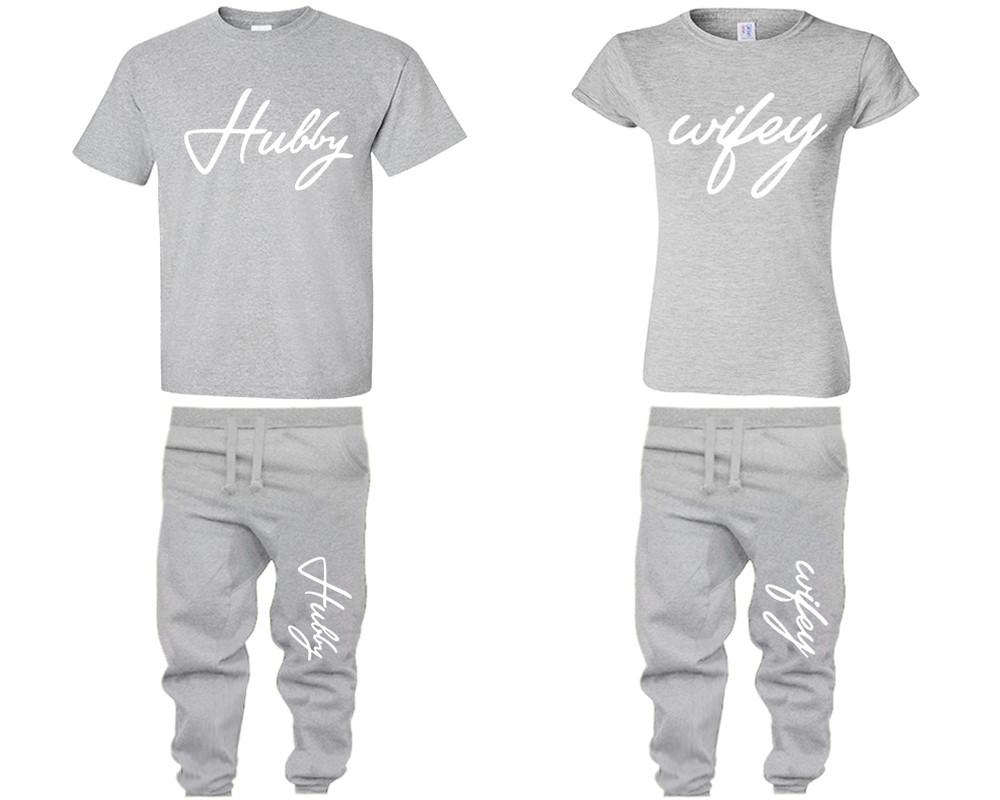 Hubby Wifey shirts, matching top and bottom set, Sports Grey t shirts, men joggers, shirt and jogger pants women. Matching couple joggers