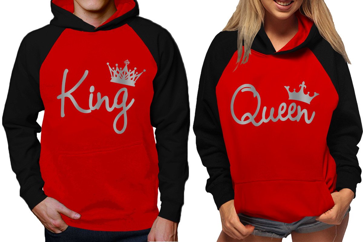 King and Queen raglan hoodies, Matching couple hoodies, Silver Foil King Queen design on man and woman hoodies