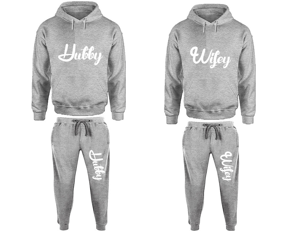 Hubby and Wifey matching top and bottom set, Sports Grey pullover hoodie and sweatpants sets for mens, pullover hoodie and jogger set womens. Matching couple joggers.