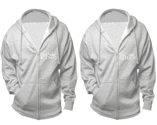 Her King and His Queen zipper hoodies, Matching couple hoodies, Sports Grey zip up hoodie for man, Sports Grey zip up hoodie womens