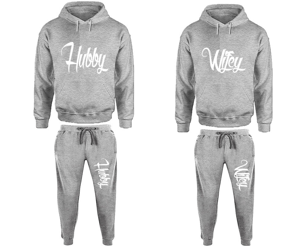 Hubby and Wifey matching top and bottom set, Sports Grey pullover hoodie and sweatpants sets for mens, pullover hoodie and jogger set womens. Matching couple joggers.