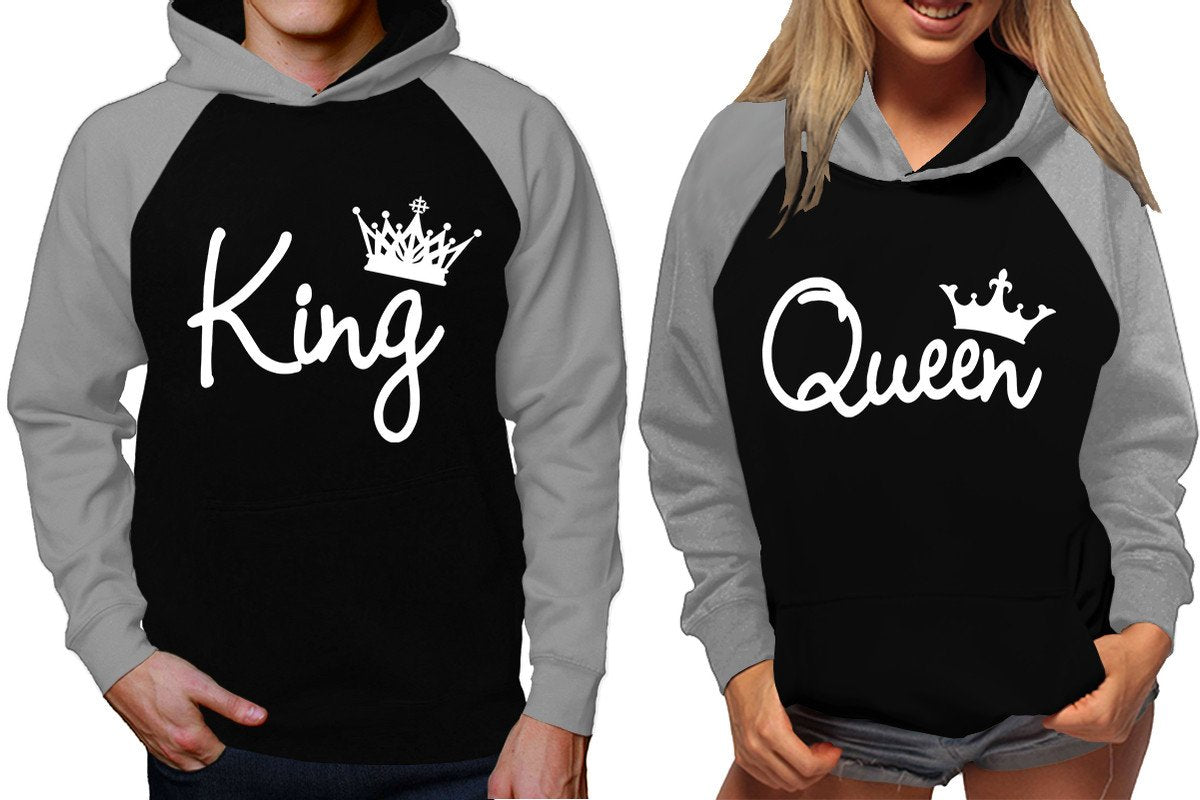 King and Queen raglan hoodies, Matching couple hoodies, White King Queen design on man and woman hoodies