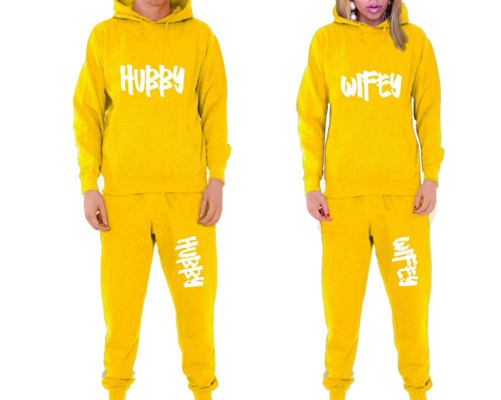 Hubby and Wifey matching top and bottom set, Yellow pullover hoodie and sweatpants sets for mens, pullover hoodie and jogger set womens. Matching couple joggers.