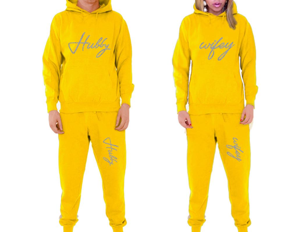 Hubby and Wifey matching top and bottom set, Yellow pullover hoodie and sweatpants sets for mens, pullover hoodie and jogger set womens. Matching couple joggers.