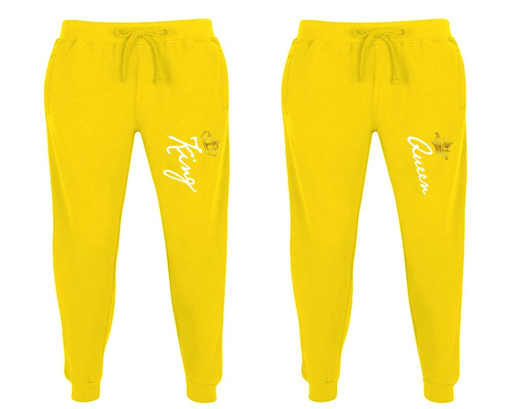 King and Queen matching jogger pants, Yellow sweatpants for mens, jogger set womens. Matching couple joggers.