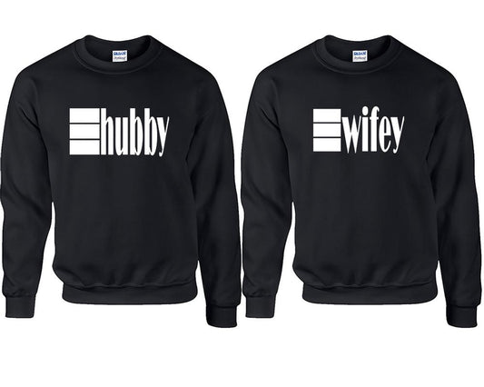 Hubby and Wifey couple sweatshirts. Black sweaters for men, sweaters for women. Sweat shirt. Matching sweatshirts for couples