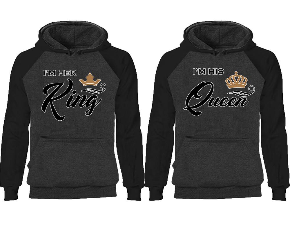 King Queen couple hoodies, raglan hoodie. Black Charcoal hoodie mens, Black Charcoal red hoodie womens. 