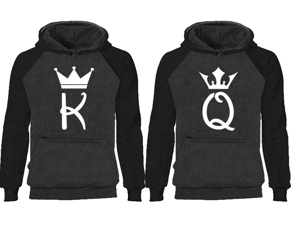King Queen couple hoodies, raglan hoodie. Black Charcoal hoodie mens, Black Charcoal red hoodie womens. 