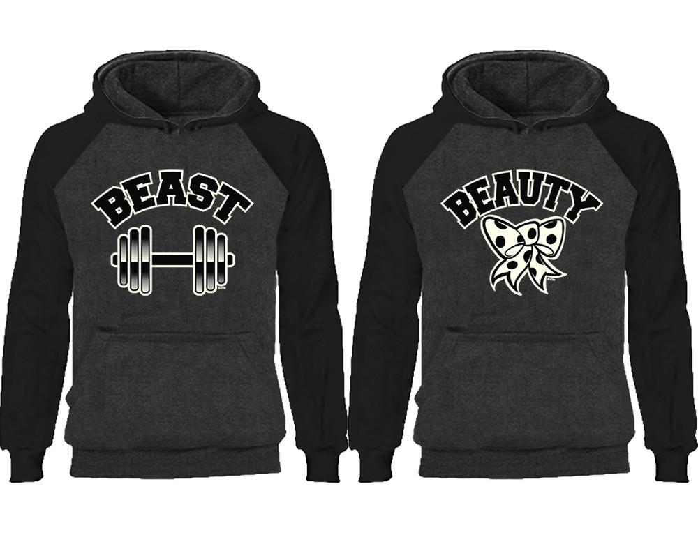 Beast Beauty couple hoodies, raglan hoodie. Black Charcoal hoodie mens, Black Charcoal red hoodie womens. 