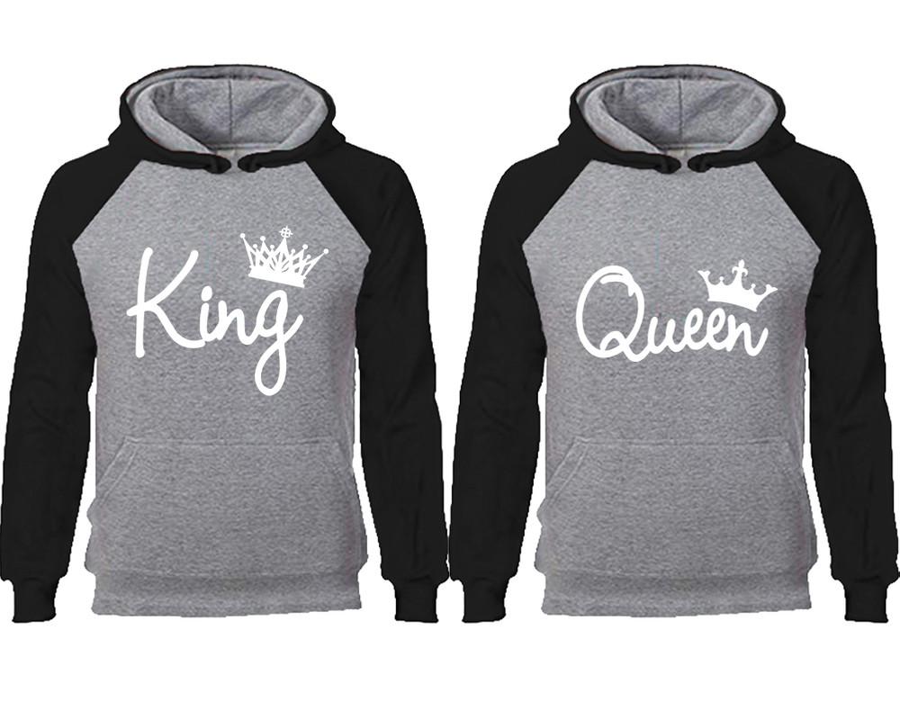 King Queen couple hoodies, raglan hoodie. Black Grey hoodie mens, Black Grey red hoodie womens. 