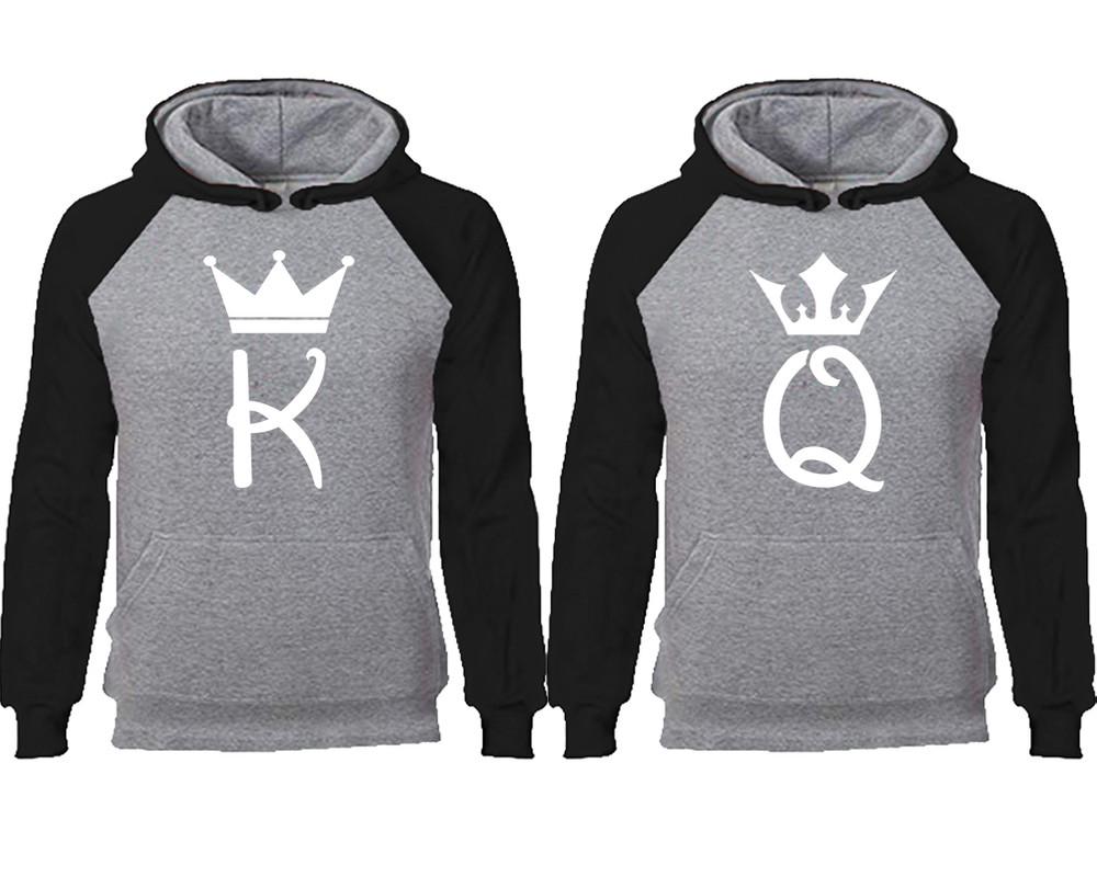 King Queen couple hoodies, raglan hoodie. Black Grey hoodie mens, Black Grey red hoodie womens. 