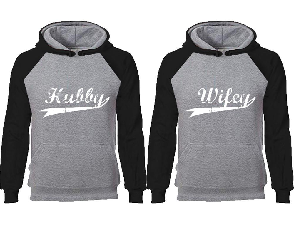 Hubby Wifey couple hoodies, raglan hoodie. Black Grey hoodie mens, Black Grey red hoodie womens. 