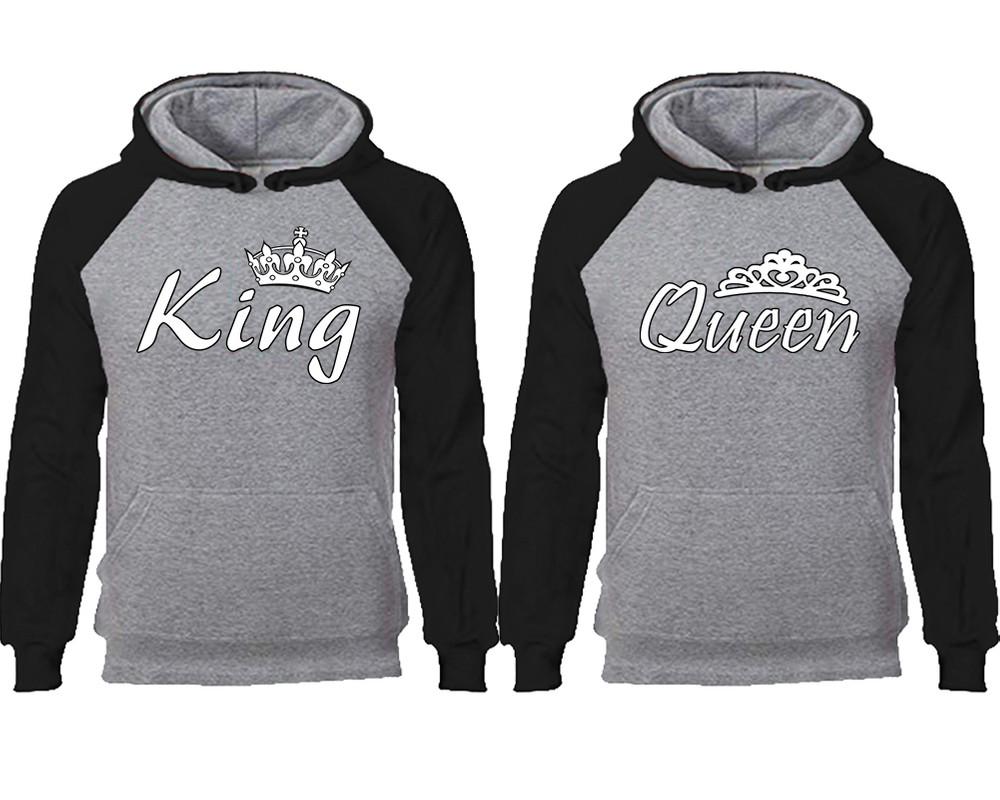 King Queen couple hoodies, raglan hoodie. Black Grey hoodie mens, Black Grey red hoodie womens. 
