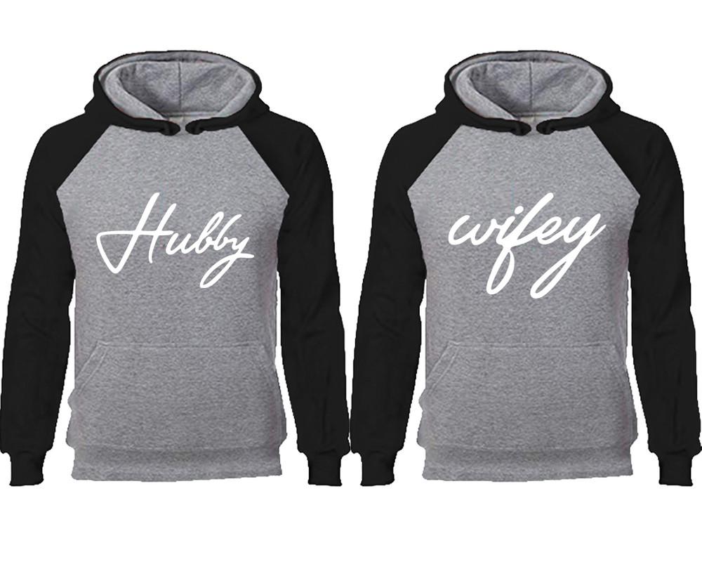 Hubby Wifey couple hoodies, raglan hoodie. Black Grey hoodie mens, Black Grey red hoodie womens. 