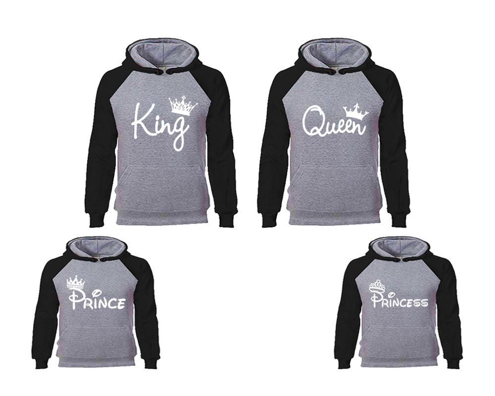 King Queen, Prince and Princess. Matching family outfits. Black Grey adults, kids pullover hoodie.