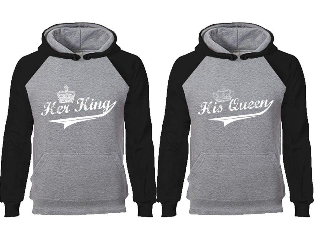 Her King His Queen couple hoodies, raglan hoodie. Black Grey hoodie mens, Black Grey red hoodie womens. 