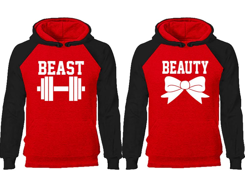 Beast Beauty couple hoodies, raglan hoodie. Black Red hoodie mens, Black Red red hoodie womens. 