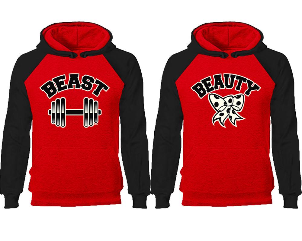 Beast Beauty couple hoodies, raglan hoodie. Black Red hoodie mens, Black Red red hoodie womens. 