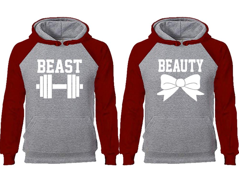 Beast Beauty couple hoodies, raglan hoodie. Burgundy Grey hoodie mens, Burgundy Grey red hoodie womens. 