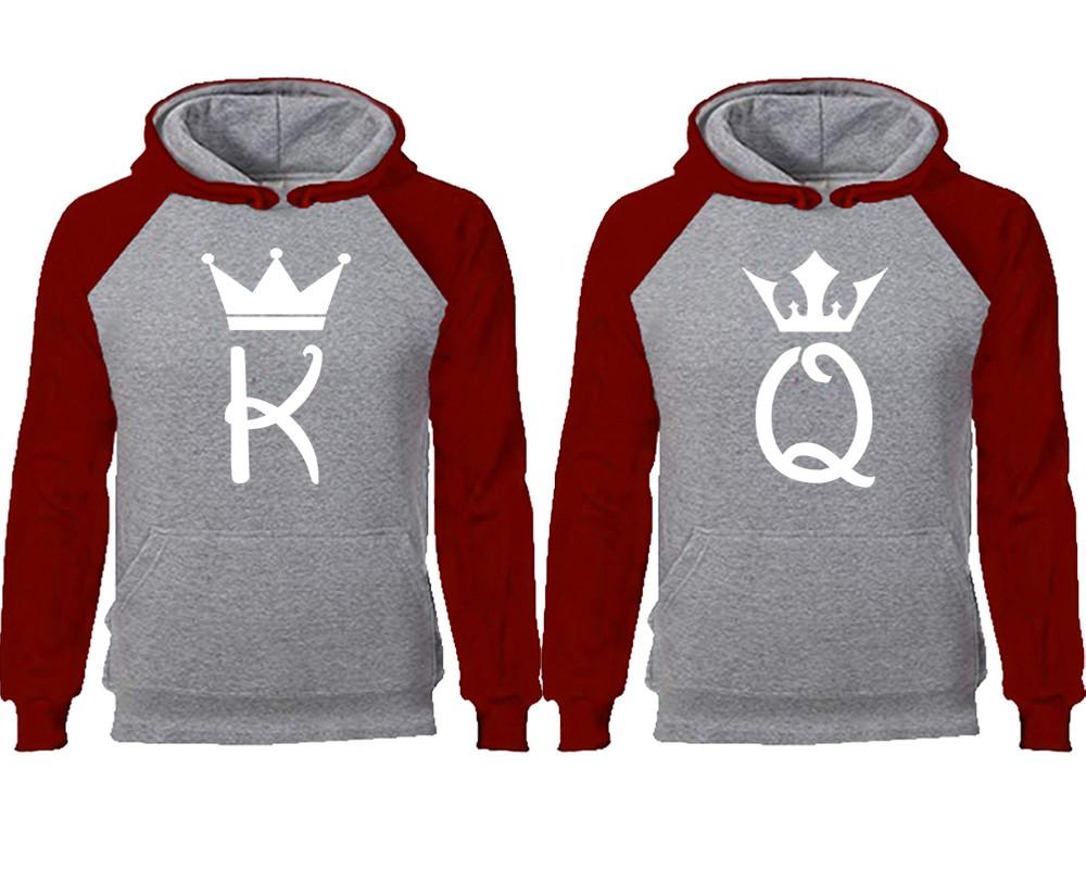 King Queen couple hoodies, raglan hoodie. Burgundy Grey hoodie mens, Burgundy Grey red hoodie womens. 