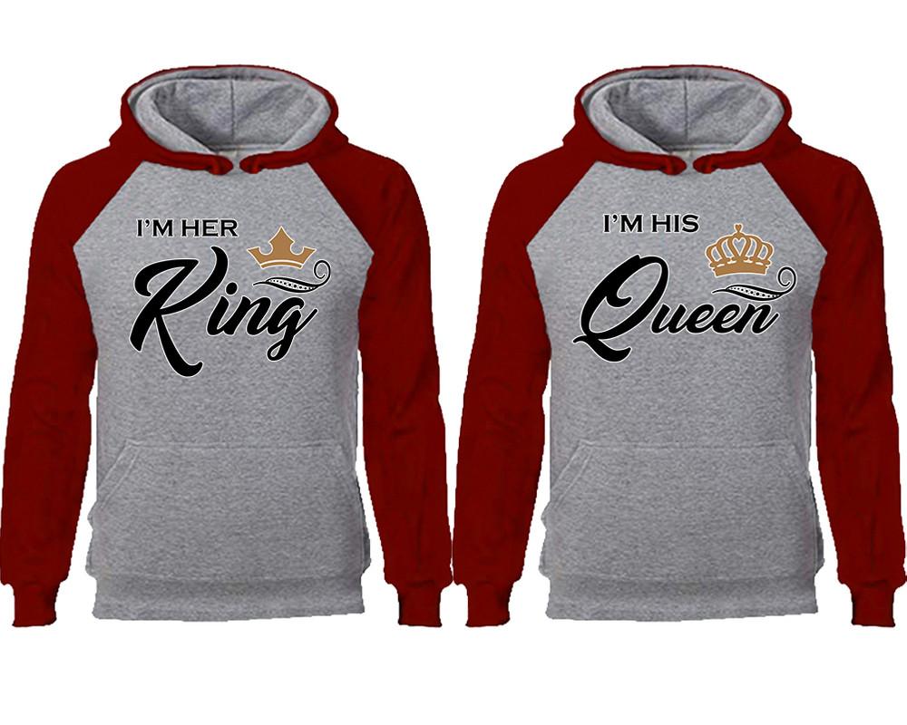 King Queen couple hoodies, raglan hoodie. Burgundy Grey hoodie mens, Burgundy Grey red hoodie womens. 