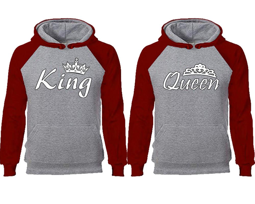 King Queen couple hoodies, raglan hoodie. Burgundy Grey hoodie mens, Burgundy Grey red hoodie womens. 